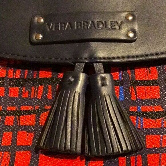 Very Bradley Red Blue Linear Graphic Double Handle Like New Travel Tote - Picture 12 of 16